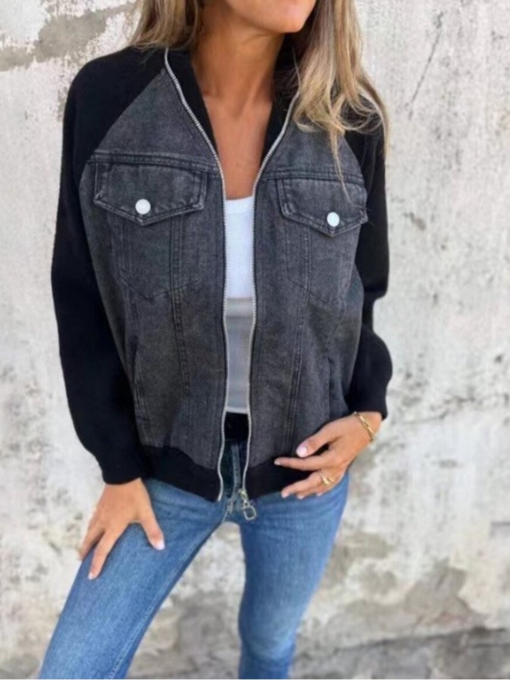 New! Women’s Black & Charcoal Mixed Media Bomber Jacket